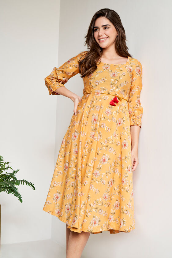 Mustard Floral Flared Dress, Mustard, image 2